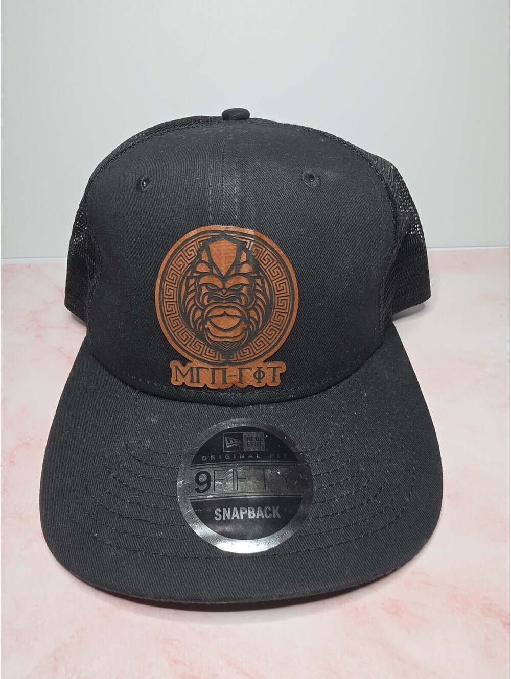 New Era 9FIFTY Snapback Trucker Hat Black Leather Patch Ape Monster Geometric